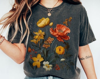 Boho Wildflowers Cottagecore Shirt | Flowers Tshirt | Wildflower Tshirt | Whimsigoth Shirt | Oversized Vintage Botanical Tee | Garment Dyed
