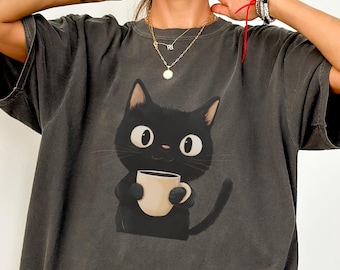Cat Drinking Coffee Comfort Colors® Shirt, Gift For Her, Cat Shirt, Coffee Lover, Cat Lover Gift, Cats and Coffee Shirt, Gift For Women