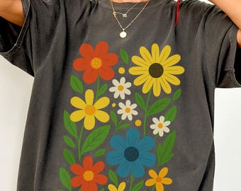 Camiseta Boho Wildflowers Comfort Colors, camiseta floral, camiseta Cottage Core Flowers, camiseta feminina com estampa floral, camisa floral, camisa botânica