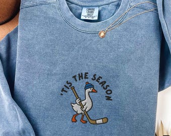 Embroidered Hockey Goose Comfort Colors® Sweatshirt, Funny Game Day Hockey Crewneck, Rink Night Top, Ice Hockey Fan Gift, Sports Parent
