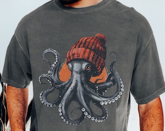 Octopus Wearing Beanie Retro T-Shirt | Octopus Vintage Style Shirt | Octopus Shirt Gift | Unisex Funny T Shirt | 90s Graphic Tee