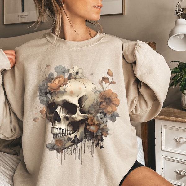 Skull Sweatshirt | Floral Skull Boho | Halloween Gift | Flower Skull Tshirt | Floral Skull Hoodie | Skull Sweater | Womens Fall Sweater