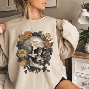 Skull Sweatshirt Floral Skull Boho Halloween Gift Flower Skull Tshirt ...