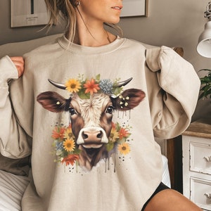 Cow Sweatshirt | Cow Crewneck | Cow Gift For Her | Womens Farm Animal Lover Shirt | Retro Cowgirl Crewneck Sweater | Cow Shirts For Women