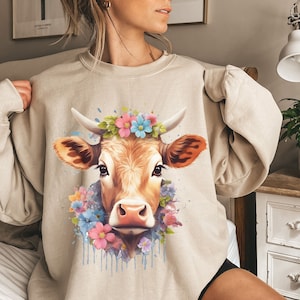 Cow Sweatshirt | Cow Crewneck | Cow Gift For Her | Womens Farm Animal Lover Shirt | Retro Cowgirl Crewneck Sweater | Cow Shirts For Women