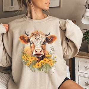 Cow Sweatshirt | Cow Crewneck | Cow Gift For Her | Womens Farm Animal Lover Shirt | Retro Cowgirl Crewneck Sweater | Cow Shirts For Women