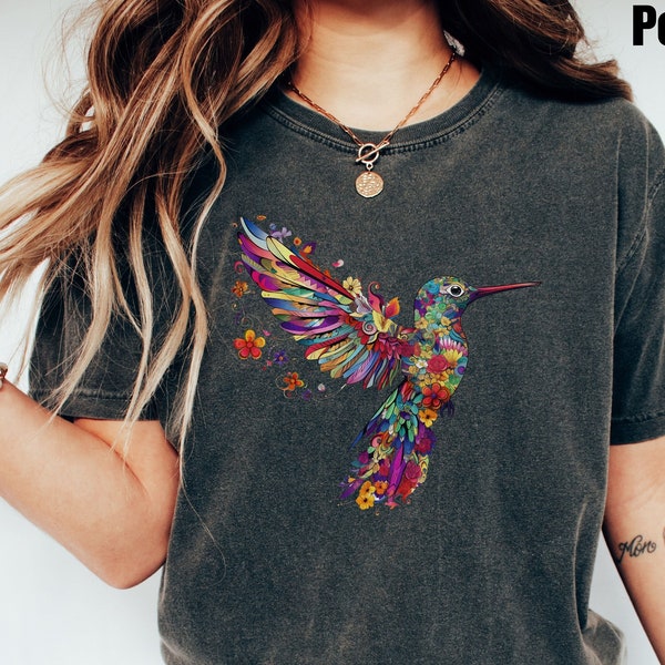 Chemise florale en forme de colibri | t-shirt amoureux des animaux | T-shirts Oiseaux | T-shirt tendance | cadeau pour elle | -shirt amoureux des oiseaux | Oiseaux de printemps | Chemise à fleurs