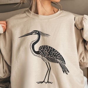 Great Blue Heron Sweatshirt, Linocut Shirt, Bird Lover Shirt, Hippy Clothe, Folk Art, Linoprint design, Blue bird design, Vintage bird print