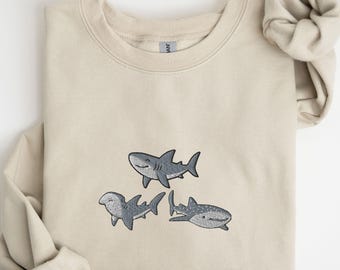Sweat-shirt brodé requin, requin baleine, motif requin-marteau et blanc, col rond animal océan, cadeau vie marine pour les amateurs de requins