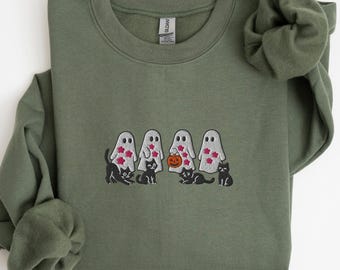 Embroidered Ghost & Cats Sweatshirt, Halloween Embroidered Crewneck, Cute Ghost Shirt, Halloween Sweatshirt, Cute Halloween, Halloween Gift