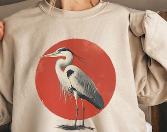 Great Blue Heron Sweatshirt, Linocut Shirt, Bird Lover Shirt, Hippy Clothe, Folk Art, Linoprint design, Blue bird design, Vintage bird print