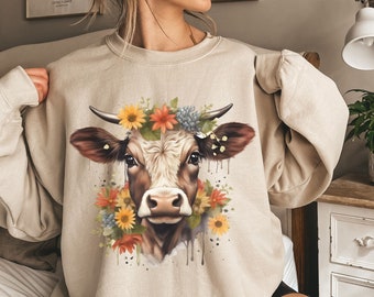 Sudadera de vaca / Cuello redondo de vaca / Regalo de vaca para ella / Camisa para mujer amante de los animales de granja / Suéter retro de cuello redondo de vaquera / Camisas de vaca para mujer