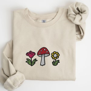 Embroidered Mushroom Flowers Sweatshirt, Botany Embroidered Shirt, Cottage Core Embroidery Hoodie, Embroidered Mushroom Crew Neck Sweatshirt