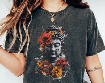 花と仏陀のシャツ | ヨガシャツ | 瞑想シャツ | 仏陀シャツ | 蓮の花シャツ | 蓮のTシャツ | 彼女へのギフト