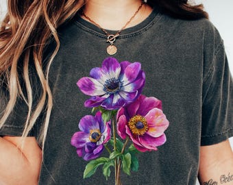 Vintage Flowers Shirt Comfort Colors® Boho Cottagecore Tshirt Botanical Purple Floral Tee Wildflowers Top Anemones Gift Garden Lover