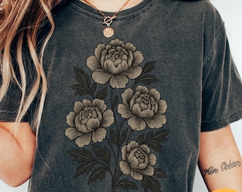 Linocut Flower Comfort Colors® Vintage Style Tshirt, Retro Block Print Peonies Shirt,Ranunculas Woodcut Stamp Tee,Cottagecore Boho Botanical
