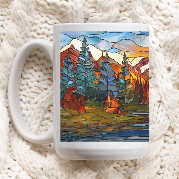 Stained Glass Mountain Range Coffee Mug | Nature Inspired | Dad Gift | Gift For Nature Lover | Outdoor Design | Watercolor Mountain Scene