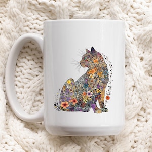 Floral Cat Mug | Cottagecore Aesthetic Mug | Gift For Her | Cocoa Mug | Cat Lovers | Mother&#39;s Day Mug | Coffee Mug | Cute Florals