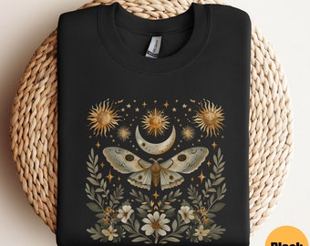 Luna Moth Sweatshirt | Luna Moth Clothing | Moon Phases | Mystic Moon and Moth Sweatshirt | Celestial Crewneck | Moth Goblincore