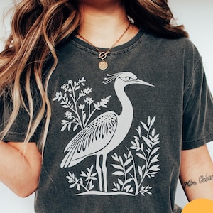 Heron Shirt Linocut Shirt Great Blue Heron Bird Lover Shirt Hippy Clothes Granola Girl Antique Folk Art Avian Aviary Gift Block Print Shirt