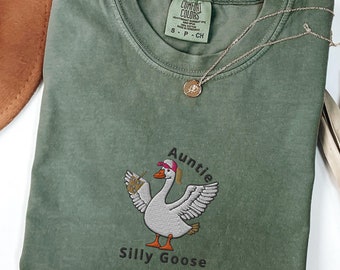 Embroidered Auntie Silly Goose Comfort Colors® Shirt, Cool Aunts Club Shirt, Funny Goose Lover Gift for Aunt, New Pregnancy Announcement Tee