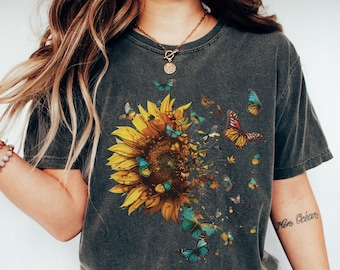 Sunflower Butterfly Shirt | Flowers Gift T-Shirt | Love Butterfly Shirt | Mom Shirt | Flower Shirt | Butterfly Tee | Floral Tee