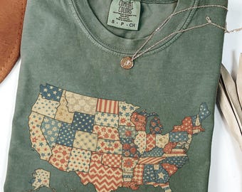 Comfort Colors® Retro America USA Map Shirt, Vintage Stamp Tee, Retro 4th July Tee, USA Flag, American Girl Tee, American Flag 1776 Tee