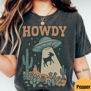 Howdy Western Goat UFO Tshirt, Vintage Cowboy Alien T-shirt, Vintage 90s Shirt, Washed Shirt, Vintage Disttressed Shirts, Vintage Alien Tee