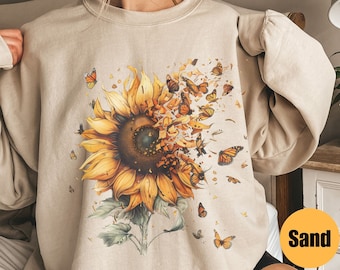 Sunflower Butterflies Sweatshirt | Butterfly Crewneck Sweatshirt | Botanical Tee | Gifts For Her | Sunflower Shirt | Mothers Day Gift