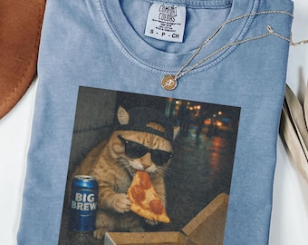 Funny Cat Eating Pizza Shirt, Pizza Lover Meme Graphic Tee, Cute Foodie Cat Top, Gift for Men Women, Streetwear Snack Lover T Shirt