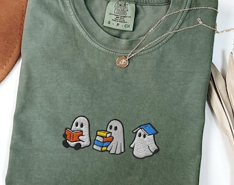 Embroidered Comfort Colors® Ghost Reading Shirt, Halloween Bookish Tee, Spooky Book Lover Shirt, Cute Fall Ghost Shirt for Readers Gift