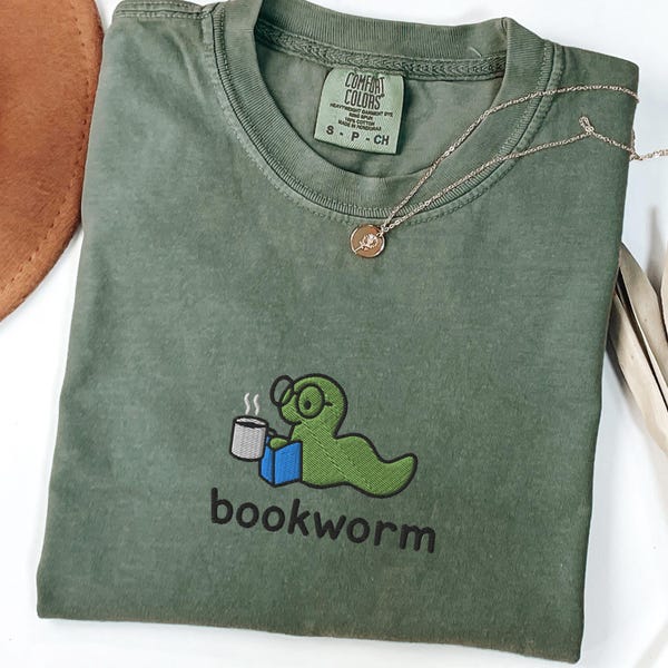Bookworm Embroidered Comfort Colors® Tee, Cute Shirt for Readers, Book Lover Gift, Bookish Shirt, Aesthetic Bookworm T-Shirt, Reading Shirt