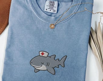 Nurse Shark Embroidered Comfort Colors® T-Shirt, Ocean Animal Tee, Cute Summer Beach Shirt, Marine Life Gift, Shark Lover Embroidery Top