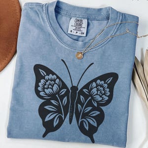 Linocut Butterfly Floral Comfort Colors® Shirt, Botanical Moth Tattoo T-Shirt, Nature Lover Gift, Garden Insect Art Tee, Cottagecore Shirt