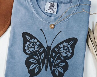 Linocut Butterfly Floral Comfort Colors® Shirt, Botanical Moth Tattoo T-Shirt, Nature Lover Gift, Garden Insect Art Tee, Cottagecore Shirt