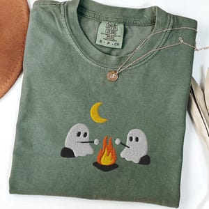 Cute Ghosts Camping Embroidered Comfort Colors® Tee, Summerween, Spooky Season Outdoors Gifts, Halloween Vintage Embroidery Tshirt