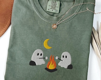 Cute Ghosts Camping Embroidered Comfort Colors ® Tee, Summerween, Spooky Season Outdoors Gifts, Halloween Vintage Embroidery Tshirt