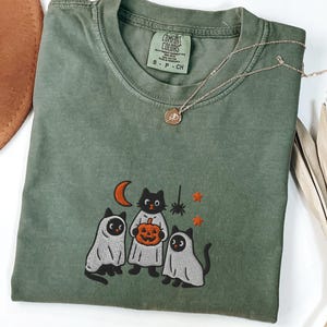 Embroidered Ghost Cats Halloween Comfort Colors® Shirt, Cute Cat Embroidery Tee, Spooky Season Shirt, Trick or Treat Cat Shirt Gift