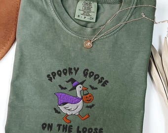 Embroidered Spooky Goose Shirt Comfort Colors® Halloween TShirt, Witchy Silly Goose Lover Tee, Girly Halloween Gift, Trick or Treat Outfit