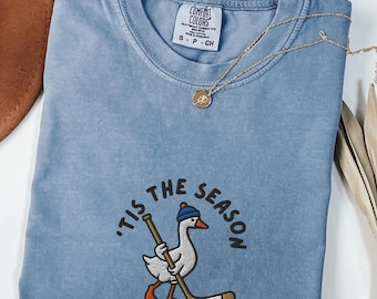 Embroidered Hockey Goose Comfort Colors® Shirt, Funny Game Day Tee, Rink Night Top, Ice Hockey Fan Gift, Sports Parent Outfit, Winter Hockey