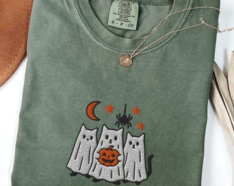 Embroidered Ghost Cats Halloween Comfort Colors® Shirt, Cute Cat Embroidery Tee, Spooky Season Shirt, Trick or Treat Cat Shirt Gift