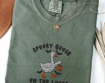 Embroidered Spooky Goose Shirt Comfort Colors® Halloween TShirt, Witchy Silly Goose Lover Tee, Girly Halloween Gift, Trick or Treat Outfit