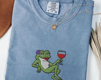 Frog Drinking Wine Embroidered Comfort Colors® T-Shirt, Funny Frogcore Cottagecore Shirt, Whimsical Embroidered Frog Tee, Cute Wine Shirt