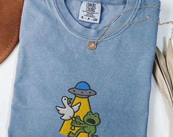 Goose Abduction Embroidered Comfort Colors® T-Shirt, Frog and UFO Funny Shirt, Weirdcore Animal Tee, Alien Abduction Gift for Her or Him