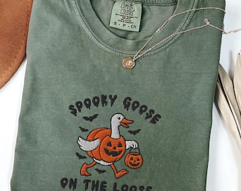 Embroidered Spooky Goose Shirt Comfort Colors® Halloween TShirt, Witchy Silly Goose Lover Tee, Girly Halloween Gift, Trick or Treat Outfit