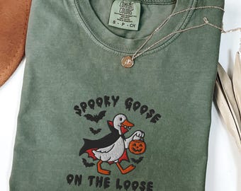 Embroidered Spooky Goose Shirt Comfort Colors® Halloween TShirt, Witchy Silly Goose Lover Tee, Girly Halloween Gift, Trick or Treat Outfit