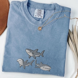 Embroidered Shark Comfort Colors® T-Shirt, Cute Ocean Animal Tee, Whale Shark, Hammerhead, and Great White Shirt, Marine Life Gift Idea