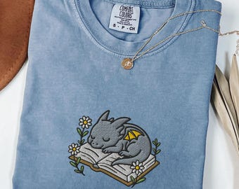 Comfort Colors® Dragon Book Shirt, Fantasy Book Reader Tee, Embroidered Cottagecore Shirt, Bookworm Gift, Cozy Dragon Reading Shirt
