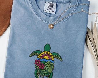 Embroidered Floral Sea Turtle Comfort Colors® Shirt, Summer Vibes Embroidered Shirt, Hello Summer Shirt, Beach Shirts, Turtle Lover Gift