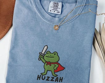 Embroidered Huzzah Frog with Sword Tee, Embroidered Medieval Frog Shirt, Comfort Colors 1717, Funny DnD T-Shirt, Renaissance Faire Frog Gift
